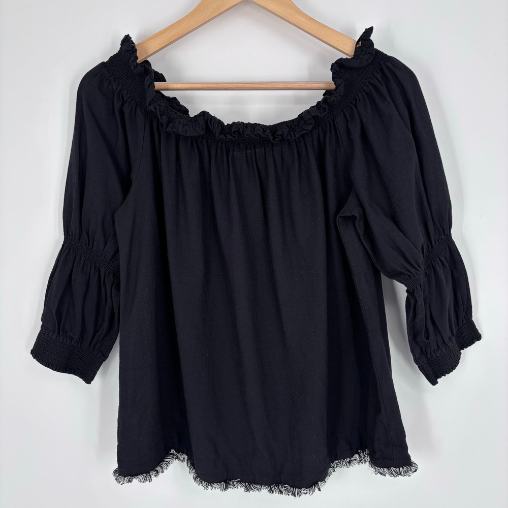 Trina Turk Smocked Off Shoulder Fringe Hem Blouse Women L Black Boho Top